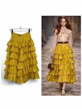 Gucci Yellow Silk Midi Skirt Tiered Ruffle 2 Wedding Cocktail Boho Formal NWT 🟠